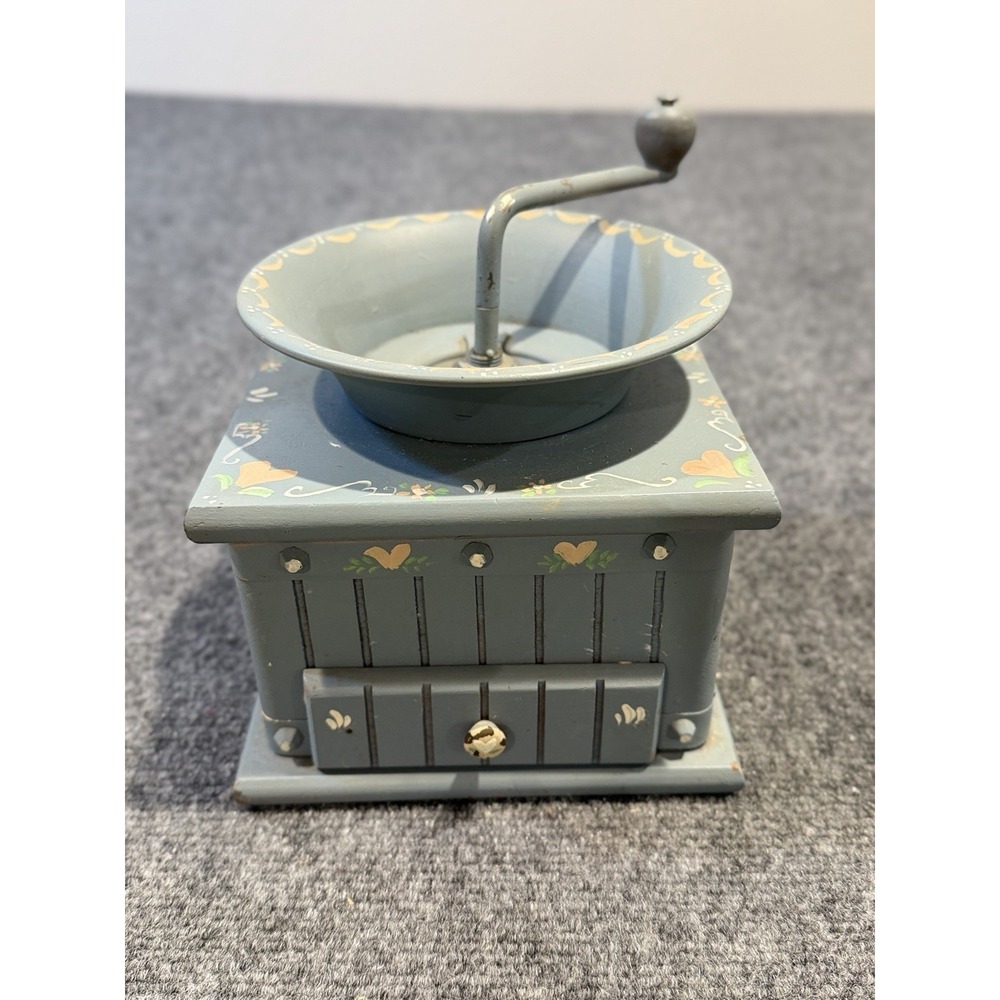 Vintage Cottage Core Blue Pink Heart Manual Coffee Grinder Hand Crank SKU 076